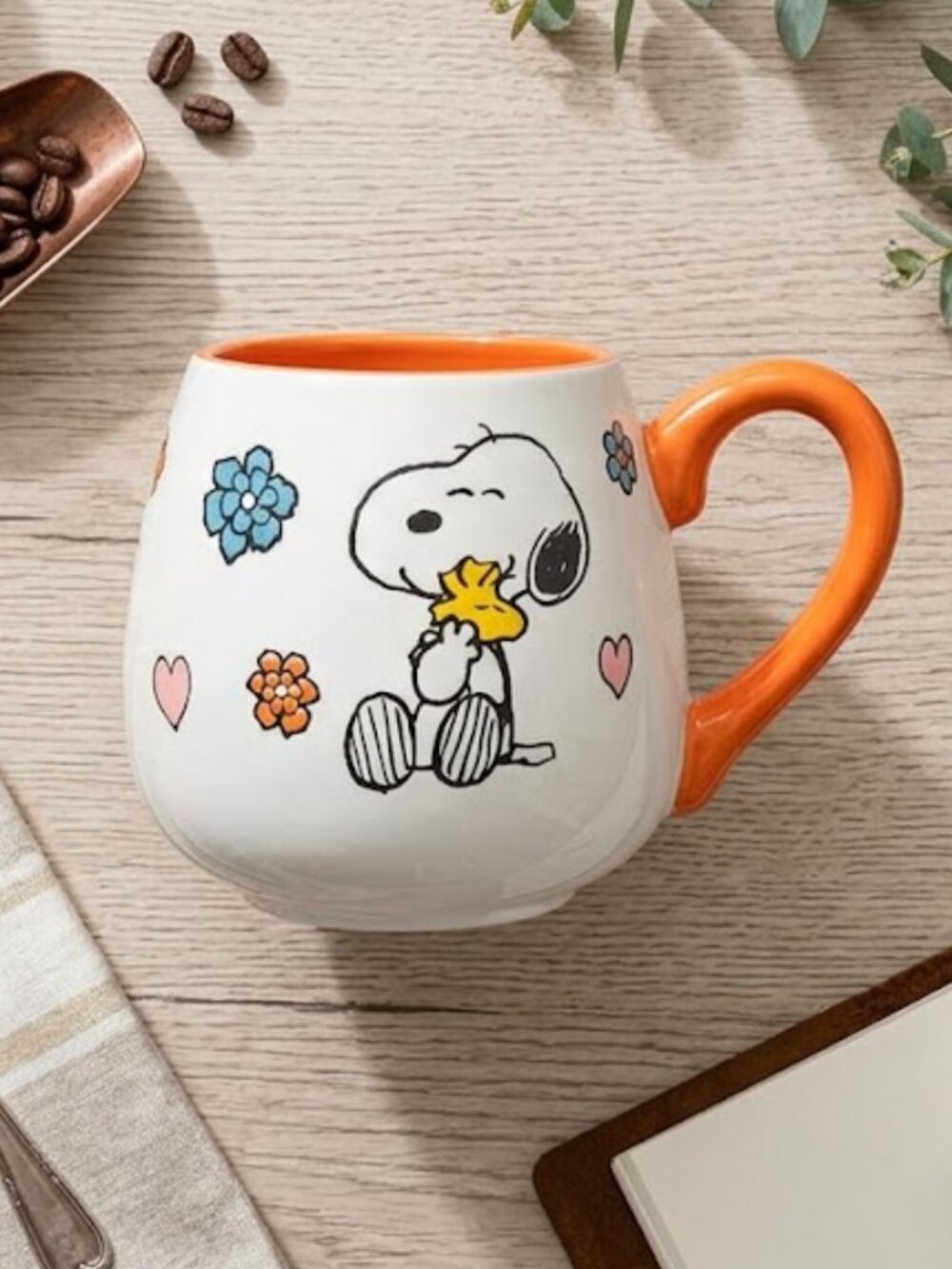 Vintage Gibson Peanuts Snoopy Woodstock Ceramic Floral Mug White Orange Handle